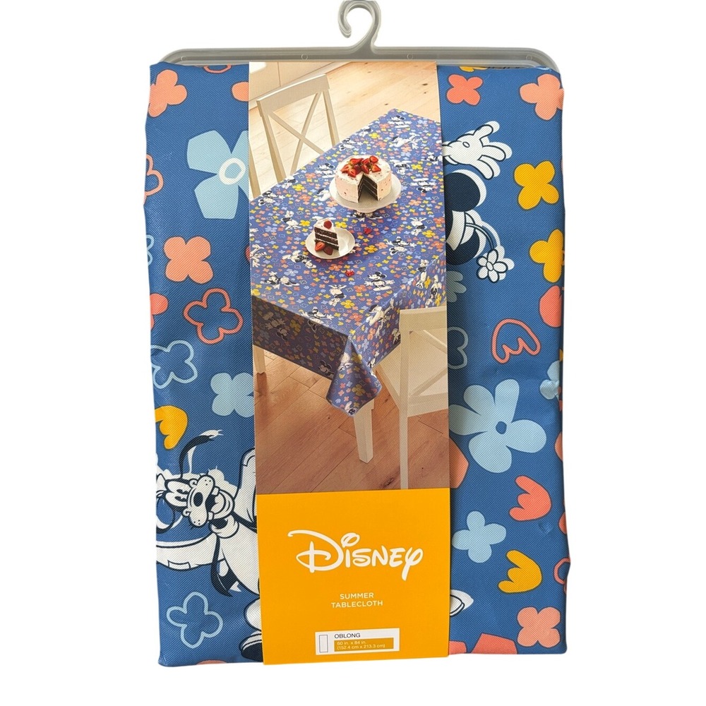 Disney Blue Floral Mickey & Friends Summer Tablecloth PEVA 60" by 84" NEW